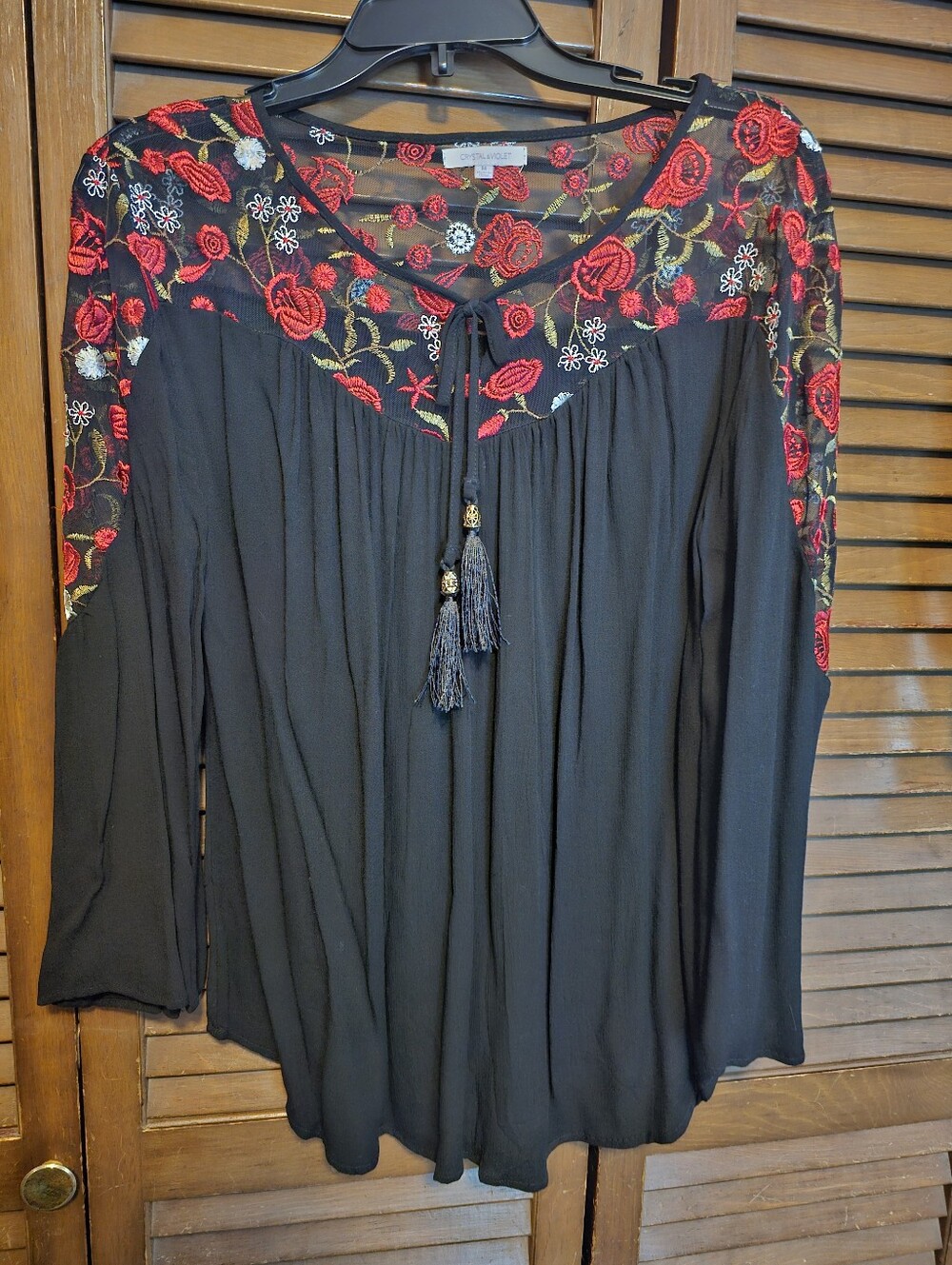 Crystal & Violet Black Embroidered Boho Blouse — Size Medium